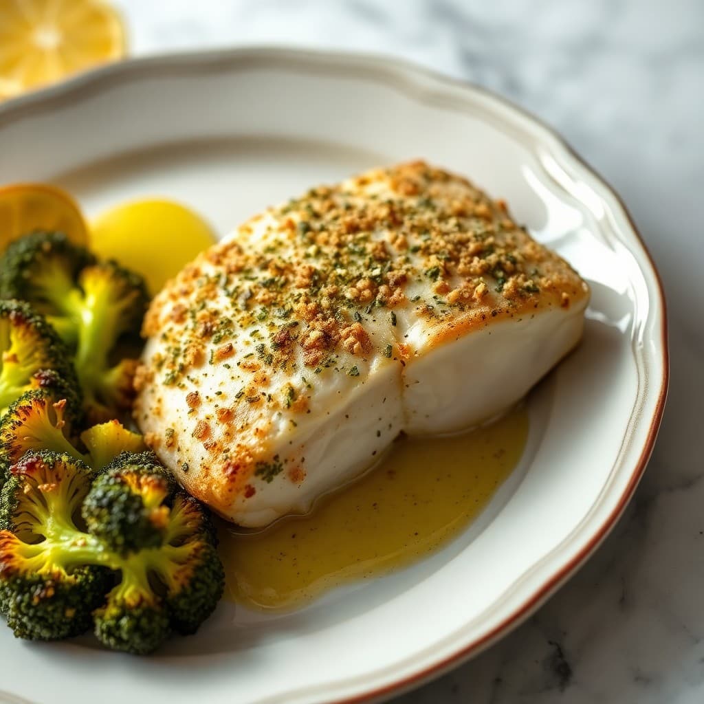 Herb-Crusted Baked Cod with Roasted Lemon Garlic Broccoli