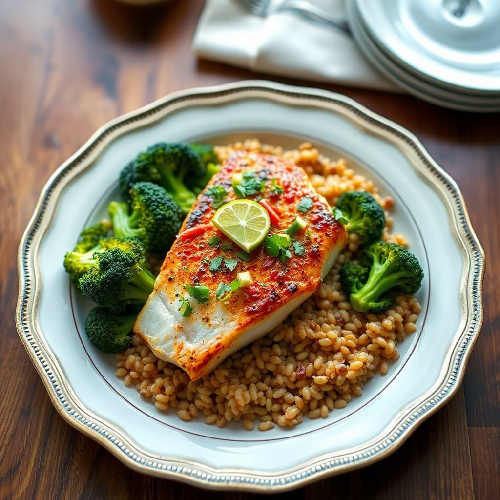 Seared Chili-Lime Cod with Roasted Broccoli and Farro