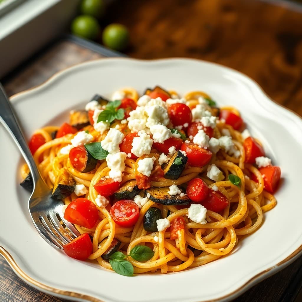 Mediterranean Roasted Vegetable and Feta Pasta
