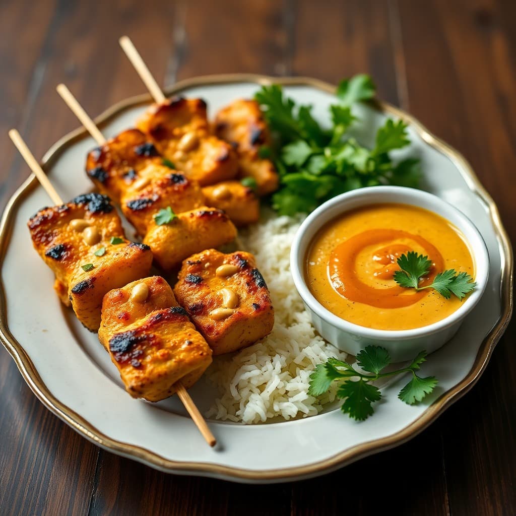 Thai Coconut Curry Chicken Skewers with Peanut Sauce