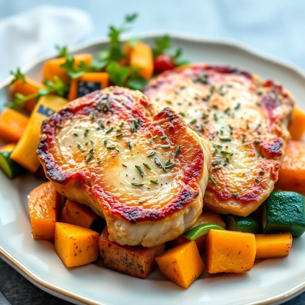Seared Garlic-Herb Pork Chops with Roasted Sweet Potato Medley