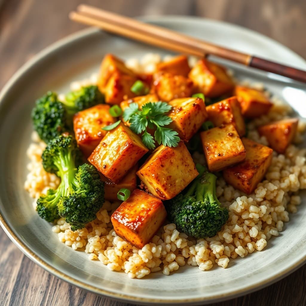 Seared Chili-Lime Tofu Stir-Fry with Quinoa and Roasted Broccoli