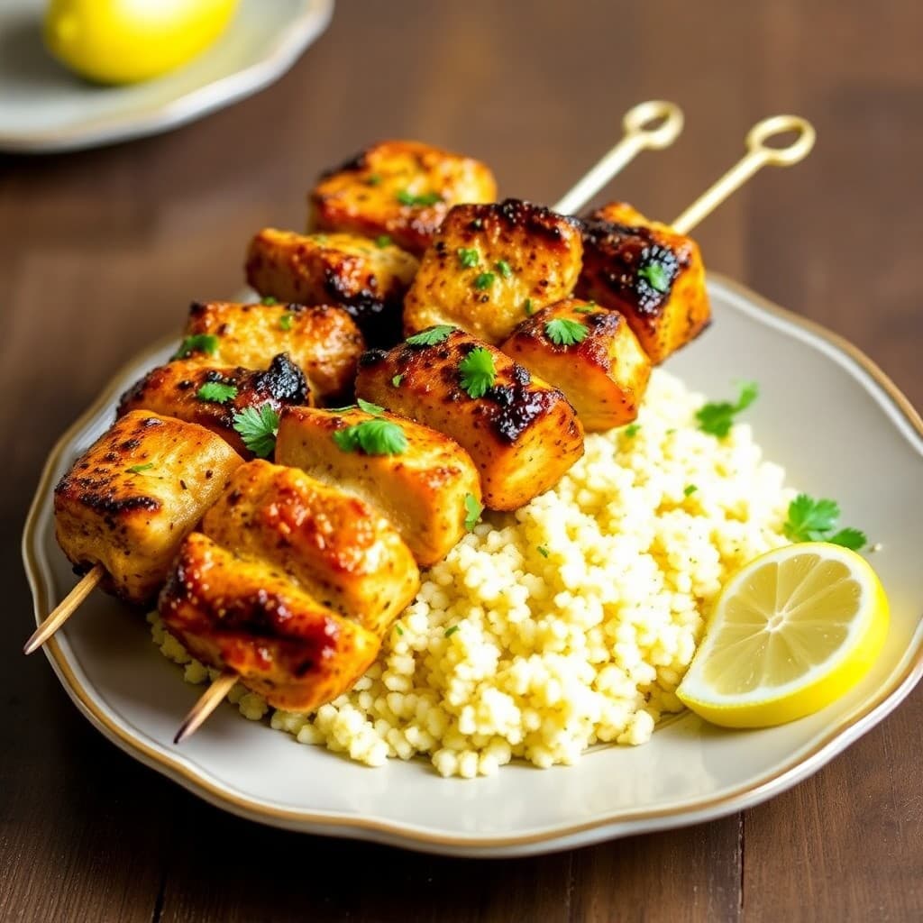 Zesty Mediterranean Chicken Skewers with Garlic Lemon Couscous