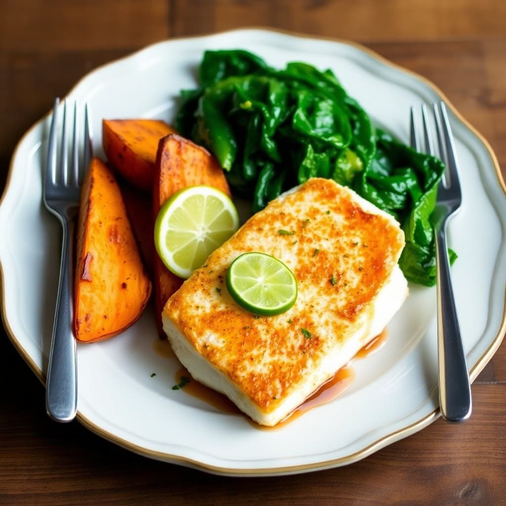 Seared Chili-Lime Cod with Roasted Sweet Potato Wedges and Sautéed Spinach