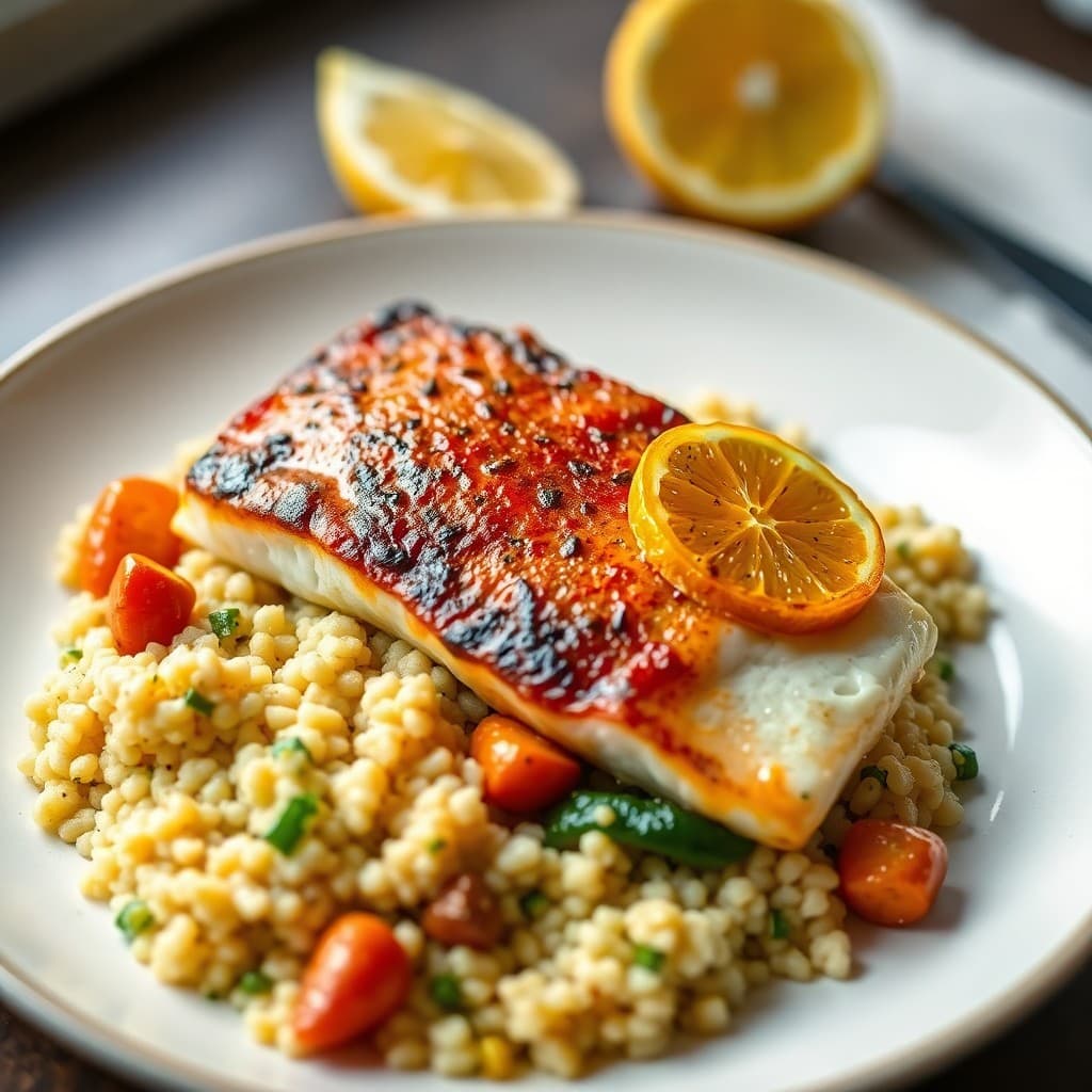 Moroccan-Spiced Seared Halibut with Charred Citrus and Herbed Couscous