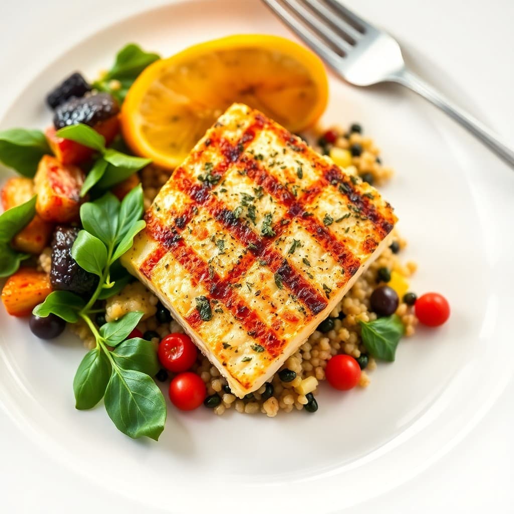 Provençal Grilled Halibut with Herbed Bulgur and Roasted Vegetable Salad