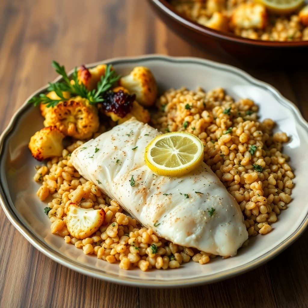 Lemon-Herb Baked Tilapia with Roasted Cauliflower and Farro