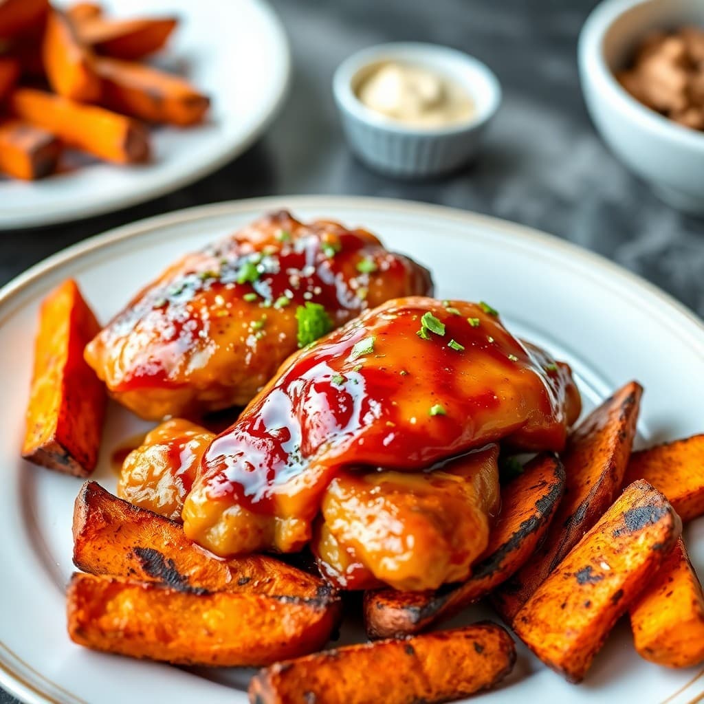 Crispy Honey Garlic Chicken with Roasted Sweet Potato Fries
