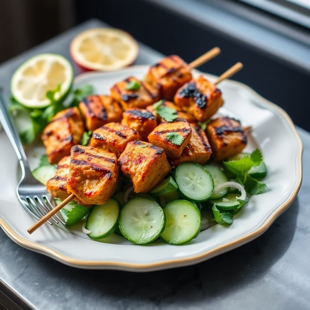Spicy Moroccan Chicken Skewers with Cucumber Mint Salad
