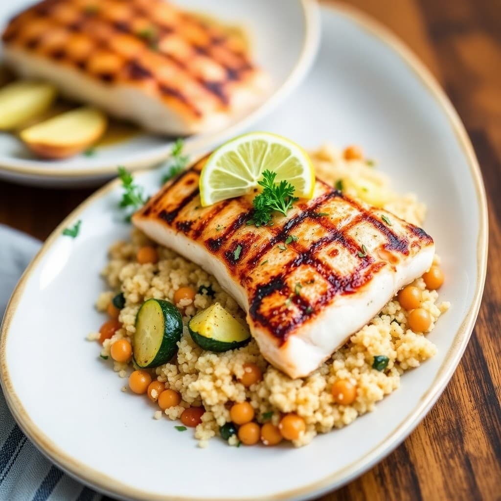 Grilled Mediterranean Swordfish with Lemon Garlic Quinoa