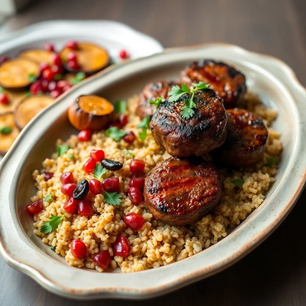 Grilled Lamb Kofta with Charred Eggplant & Herbed Freekeh Pilaf