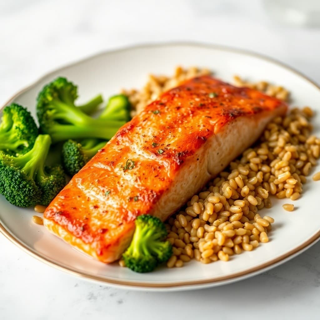 Seared Garlic Ginger Salmon with Roasted Broccoli and Farro