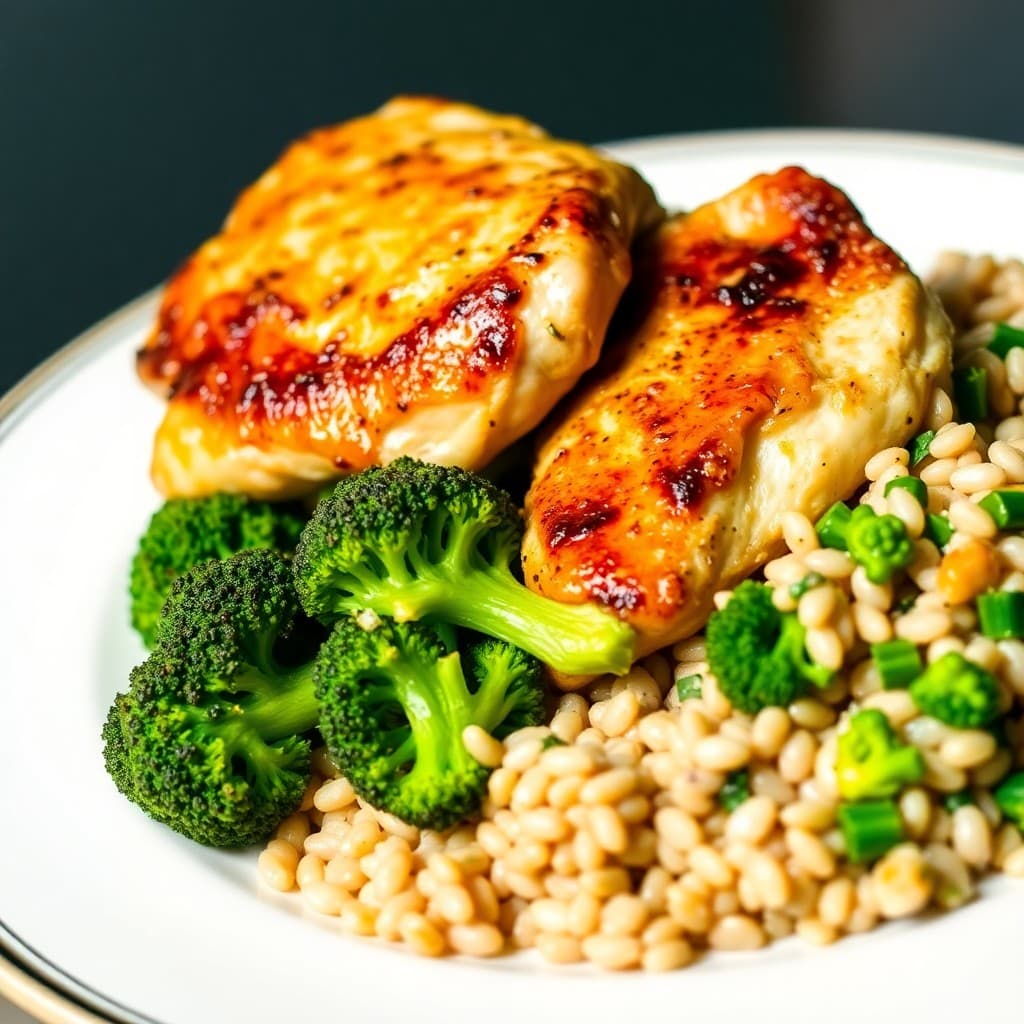 Seared Ginger-Garlic Chicken Thighs with Roasted Broccoli and Barley