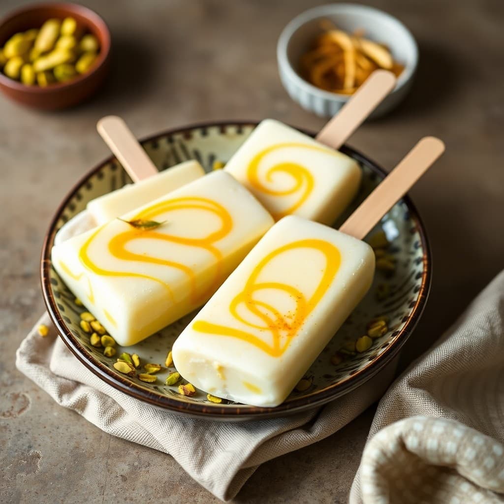 Cardamom-Pistachio Kulfi Popsicles with Saffron Swirl