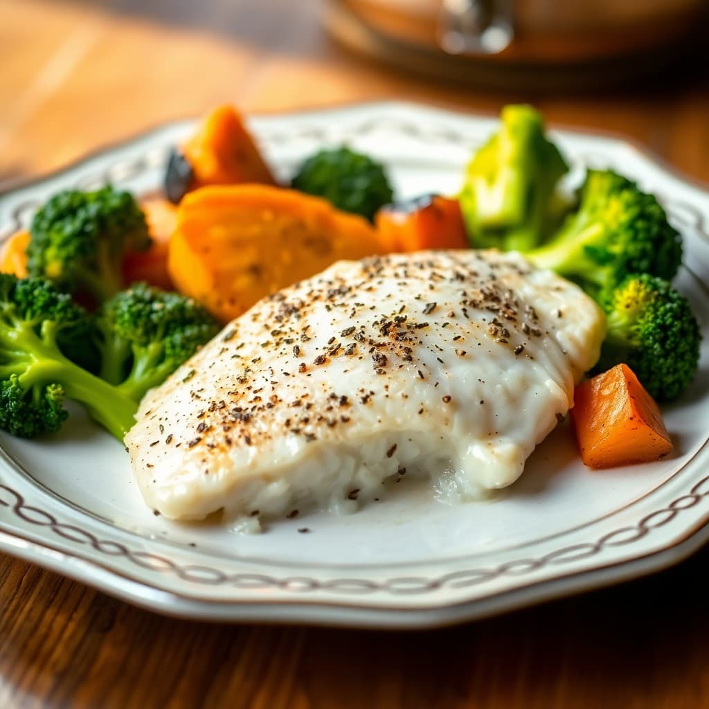Garlic Herb Baked Tilapia with Roasted Broccoli and Sweet Potato