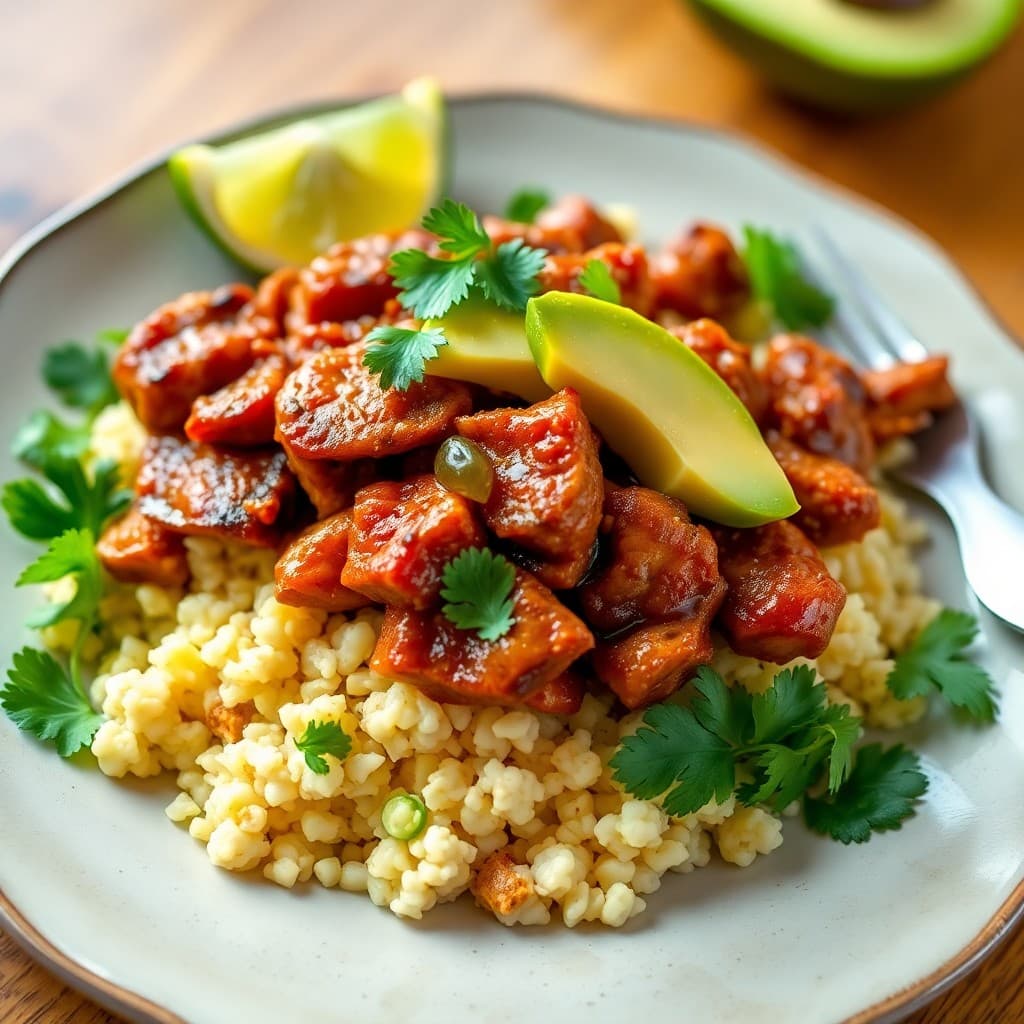 Sizzling Chili-Lime Pork Carnitas with Cauliflower Rice Cilantro Lime Salad