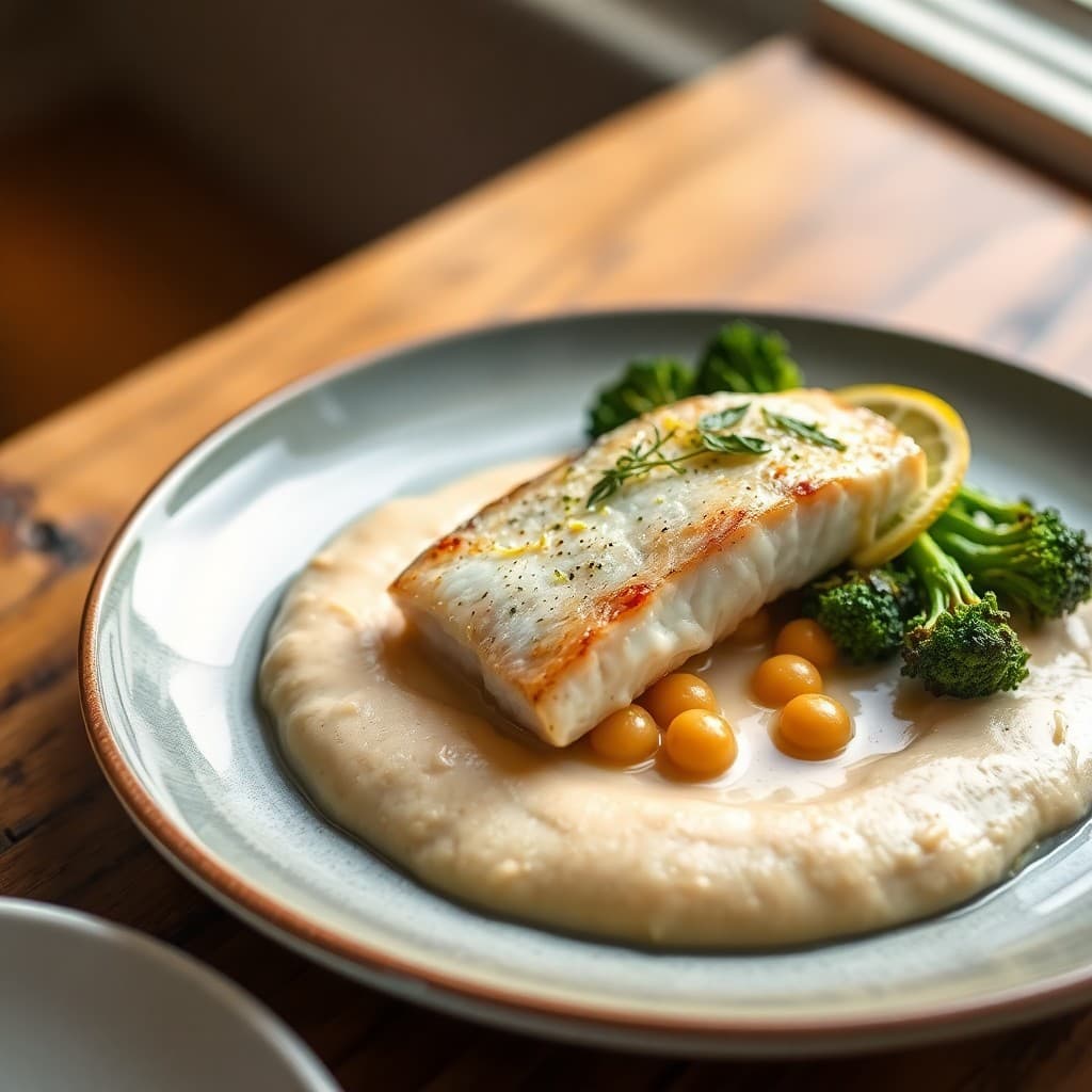 Poached Sea Bass with Creamy Chickpea Purée & Charred Broccolini