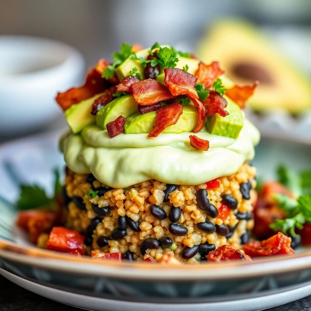 Peruvian Quinoa & Black Bean Causa with Avocado-Cilantro Cream
