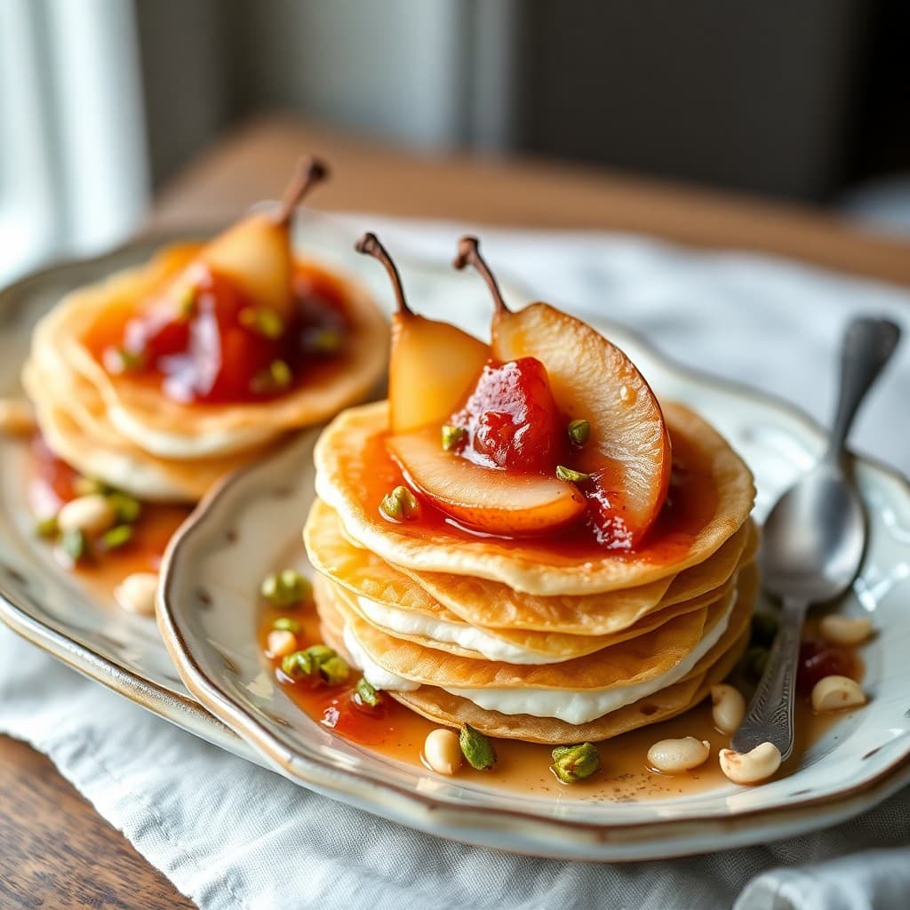 Cardamom-Pistachio Phyllo Towers with Rose Water Pear Compote