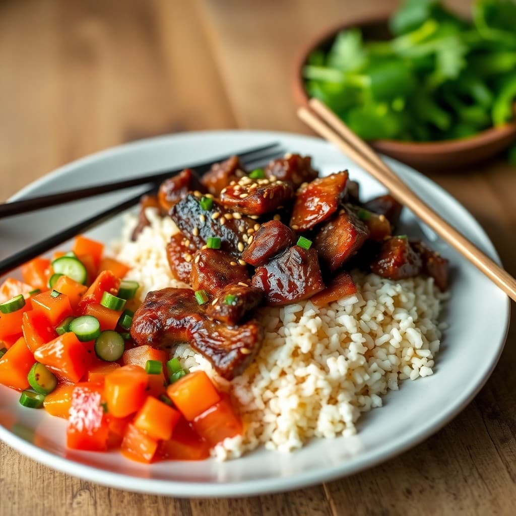 Korean Bulgogi Beef Stir-Fry with Sesame Perilla Rice & Kimchi-Cucumber Salad