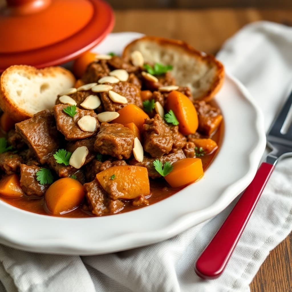 Moroccan-Spiced Beef Tagine with Apricots & Almonds