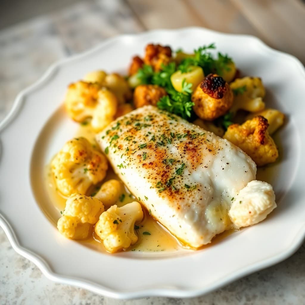 Zesty Baked Cod with Roasted Garlic Cauliflower