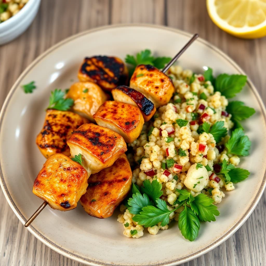 Lemon Garlic Chicken Skewers with Quinoa Tabbouleh