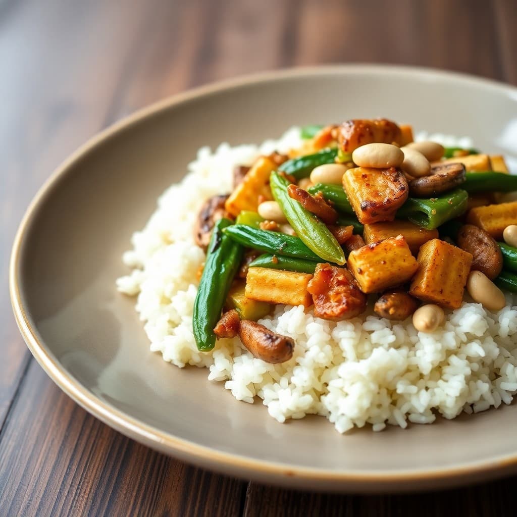 Thai Green Curry Coconut Stir-Fry with Crispy Tempeh and Jasmine Rice