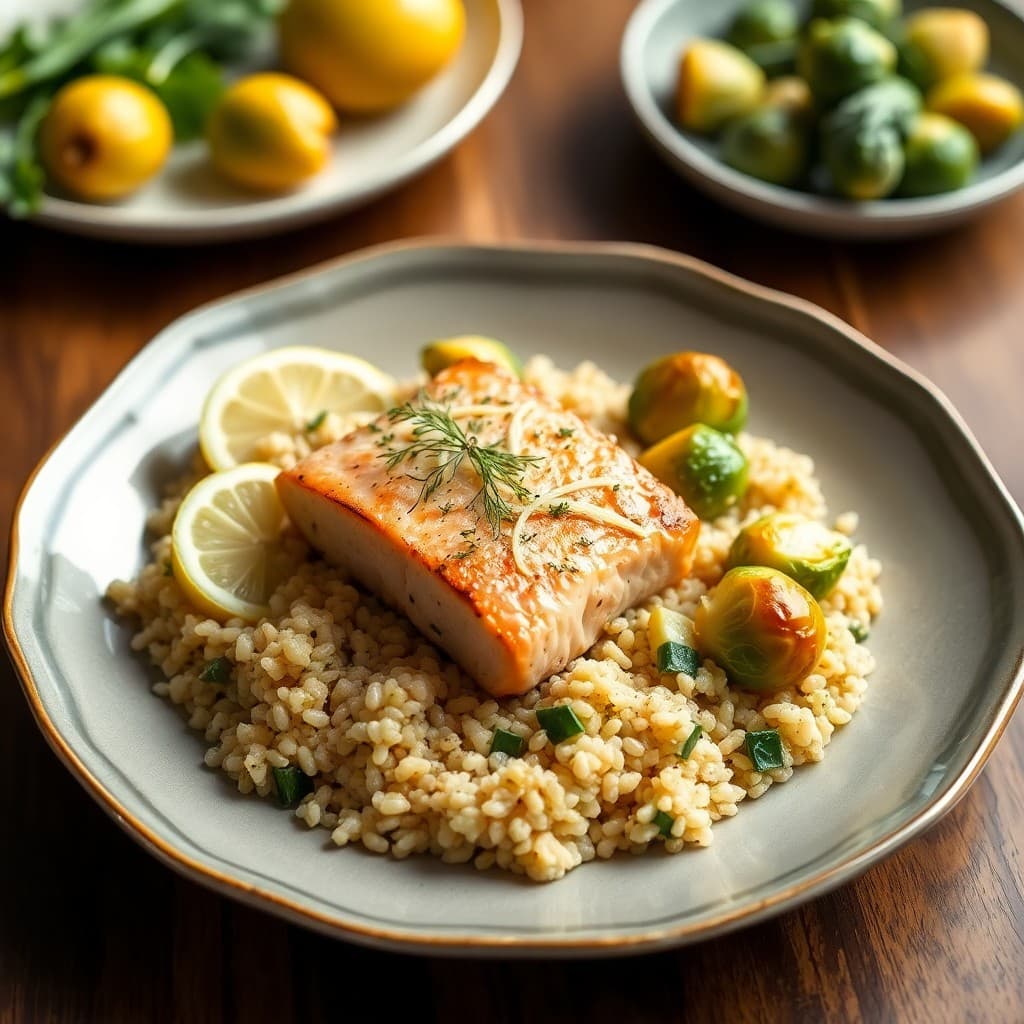 Seared Salmon with Lemon-Dill Quinoa and Roasted Brussels Sprouts
