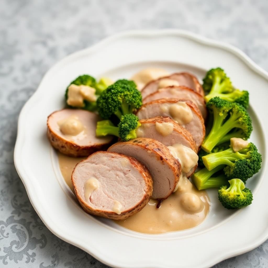Roasted Pork Tenderloin with Creamy Garlic Broccoli