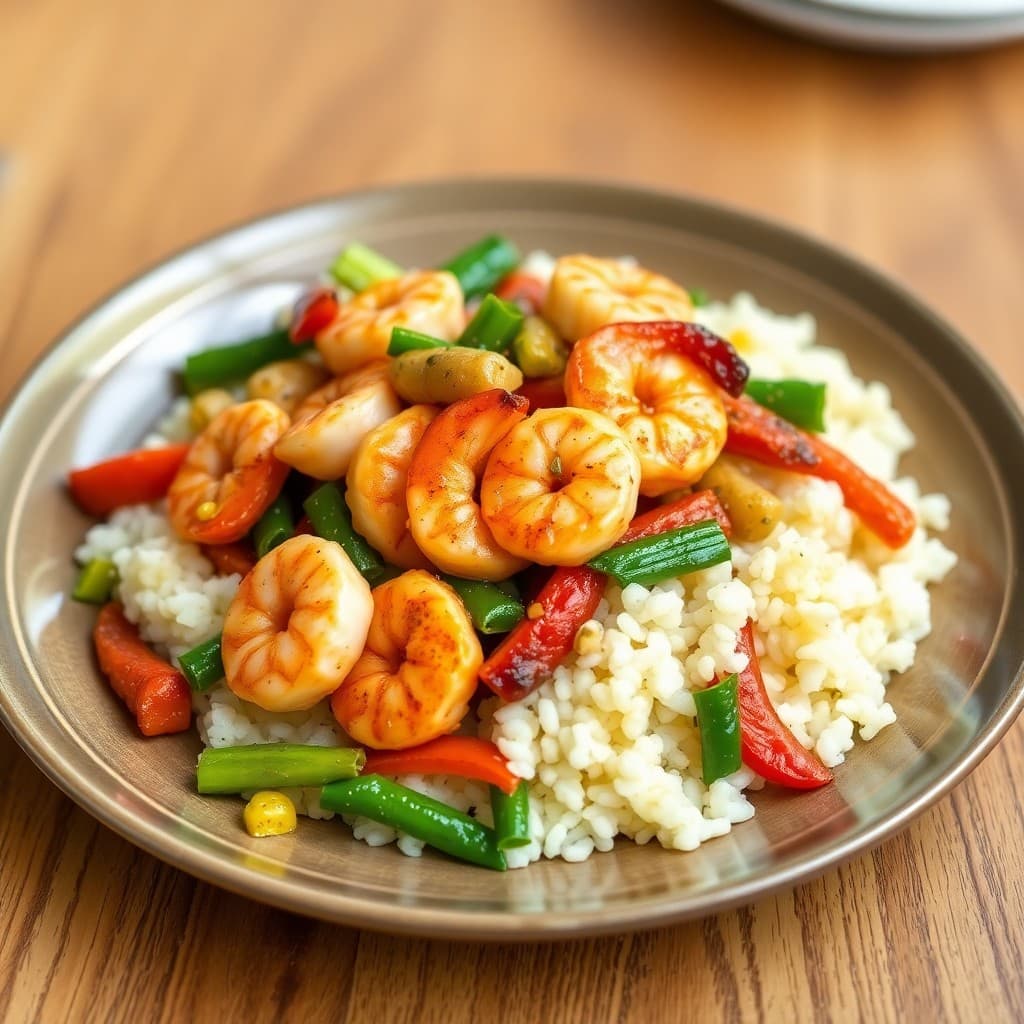 Sizzling Garlic Shrimp Stir-Fry with Cauliflower Rice