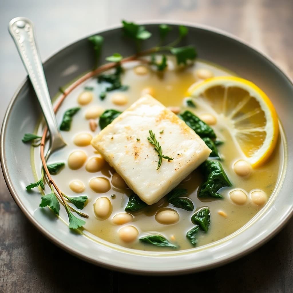 Italian White Bean & Kale Soup with Herb-Poached Cod