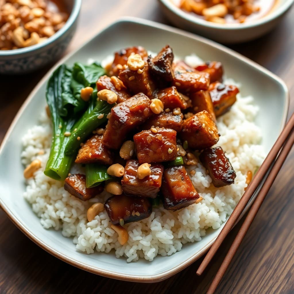 Vietnamese Caramelized Seitan & Bok Choy Stir-Fry with Crispy Shallot Rice