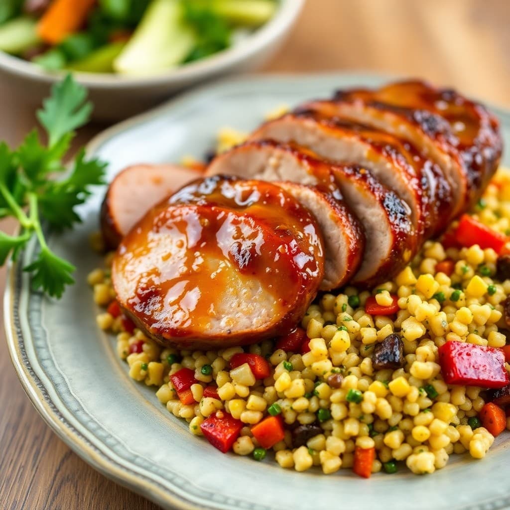 Honey Garlic Glazed Pork Loin with Roasted Veggie Couscous