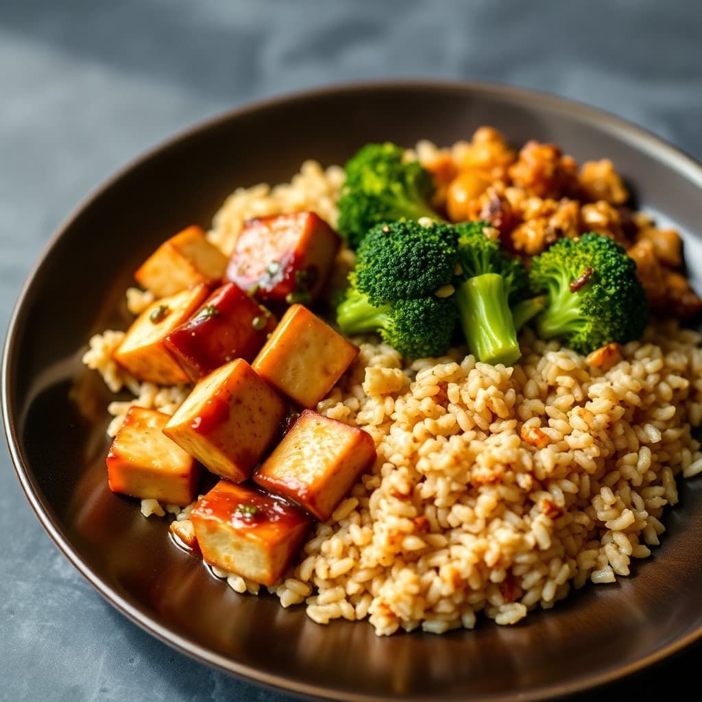 Teriyaki Glazed Tofu with Garlic Roasted Broccoli and Brown Rice