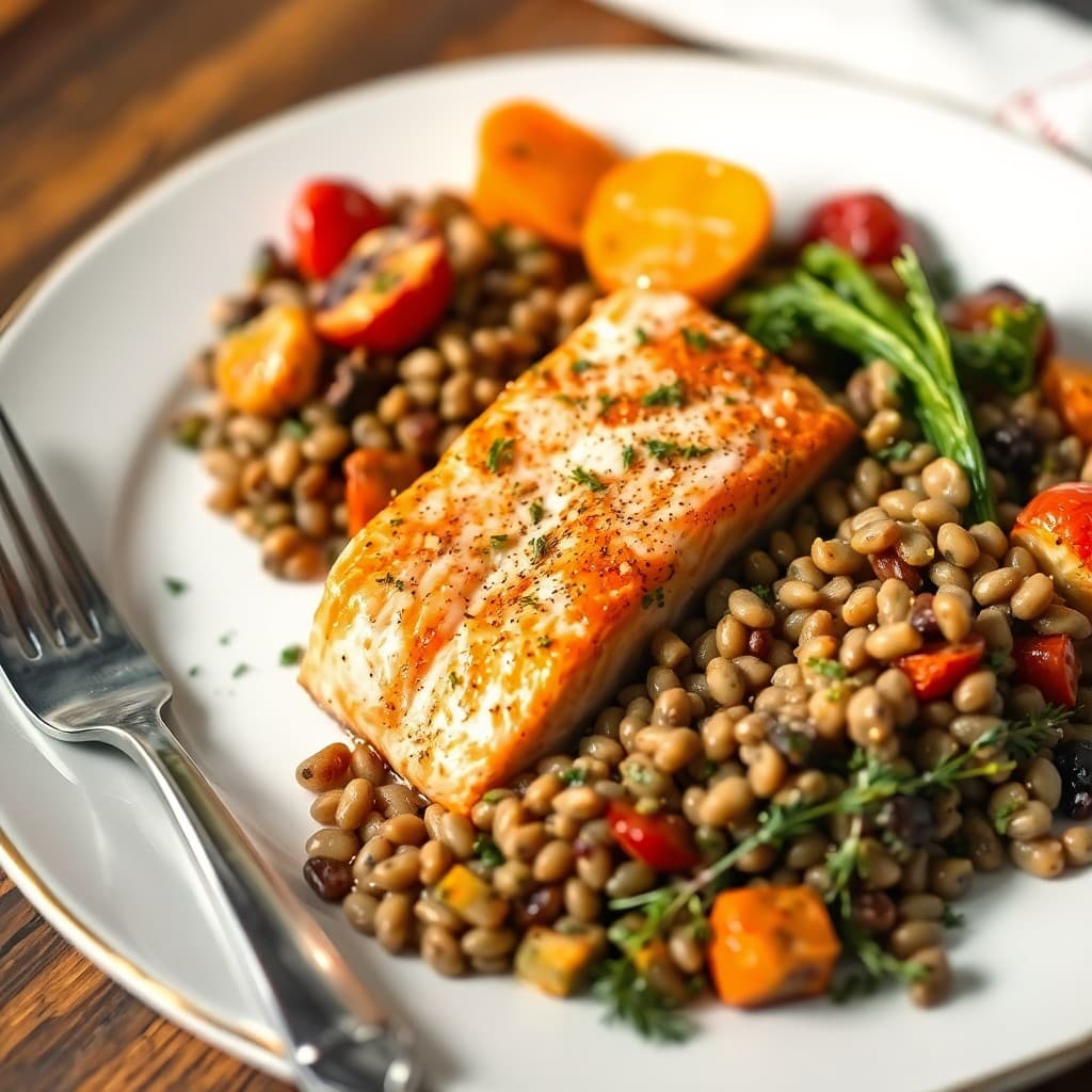 Roasted Salmon with Lentils and Roasted Vegetables