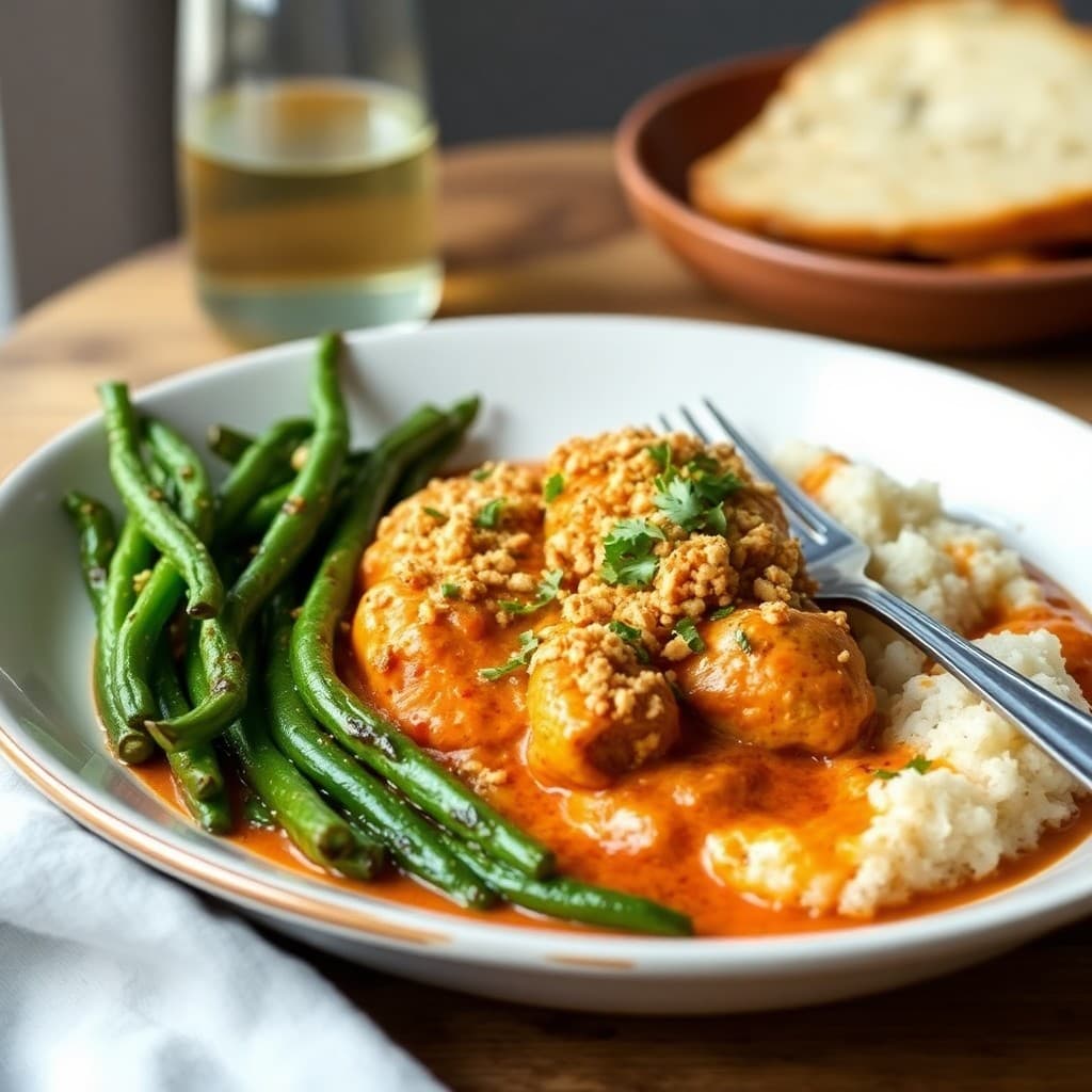 French-Indian Fusion Butter Chicken with Crispy Naan Crust & Charred Green Beans
