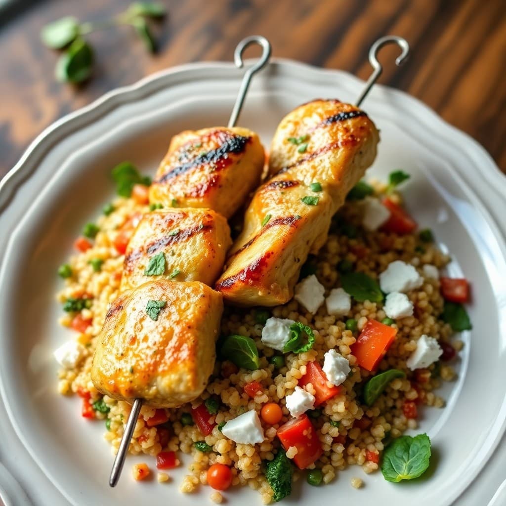 Lemon Garlic Chicken Skewers with Mediterranean Quinoa Salad