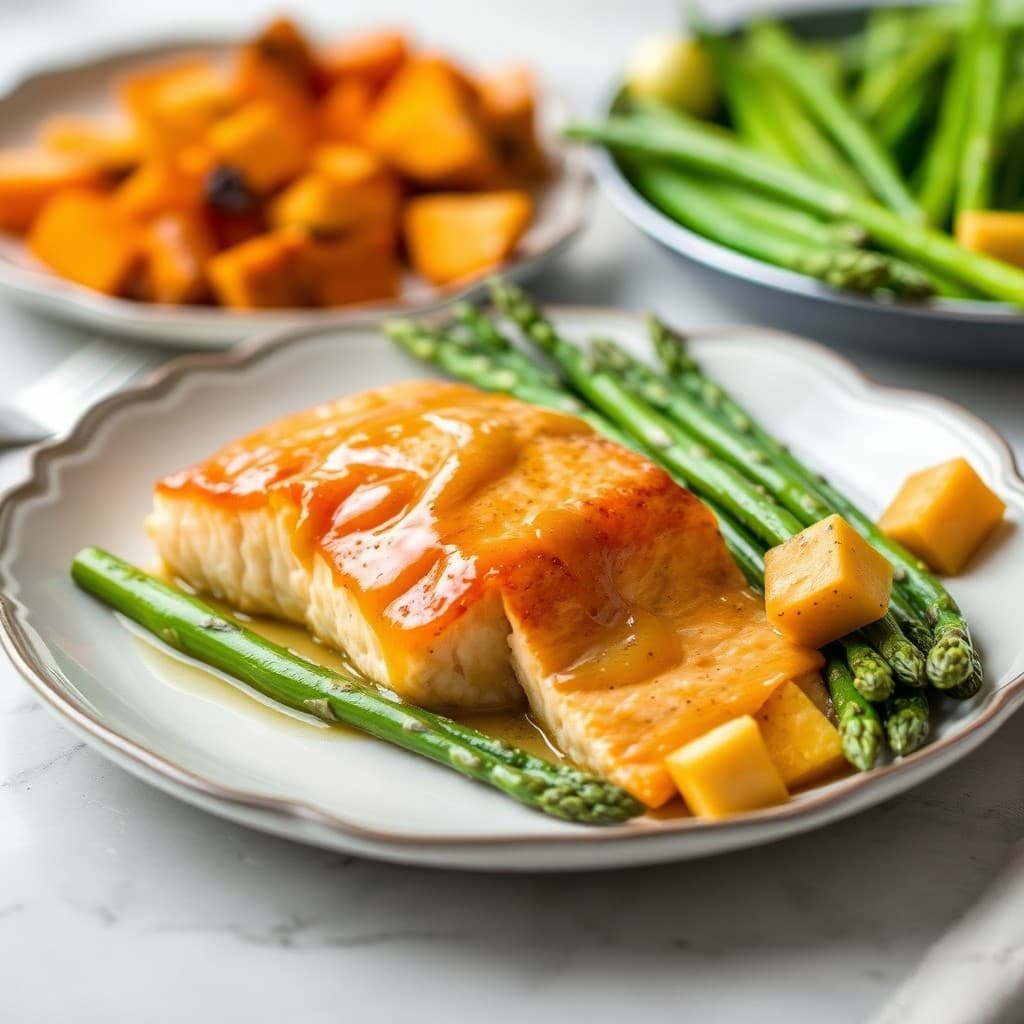 Honey-Glazed Salmon with Roasted Sweet Potato and Asparagus