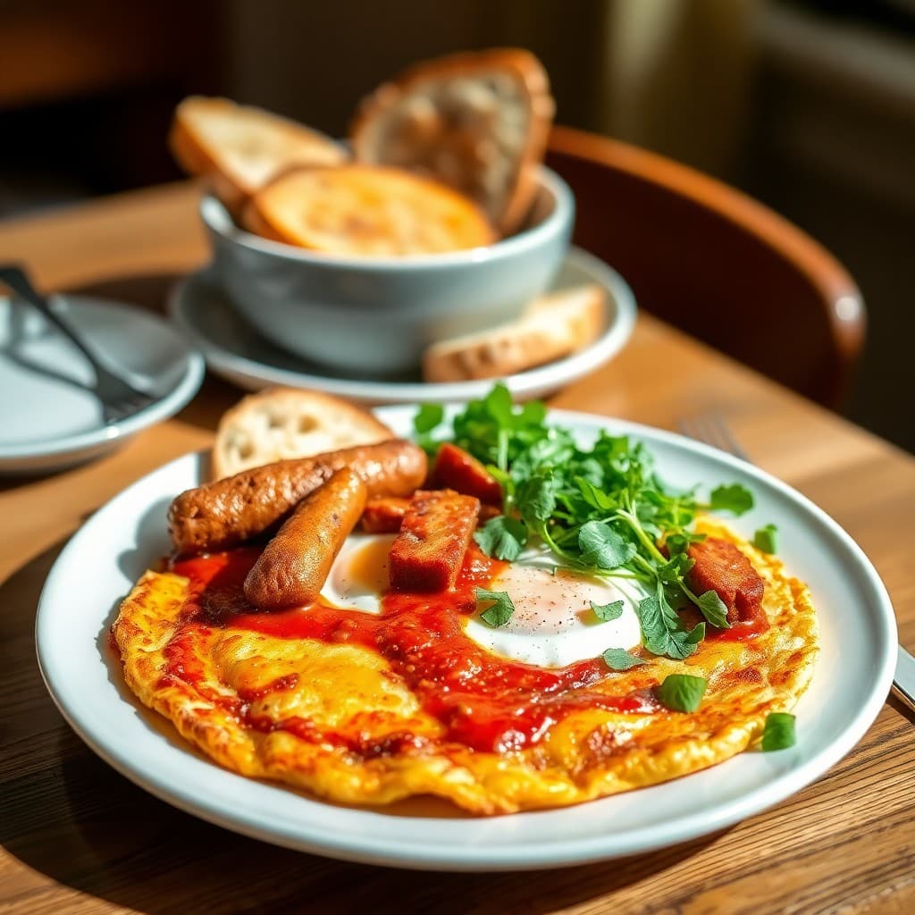 Spanish Tortilla Española with Romesco Sauce & Crispy Chorizo Breakfast Sausage