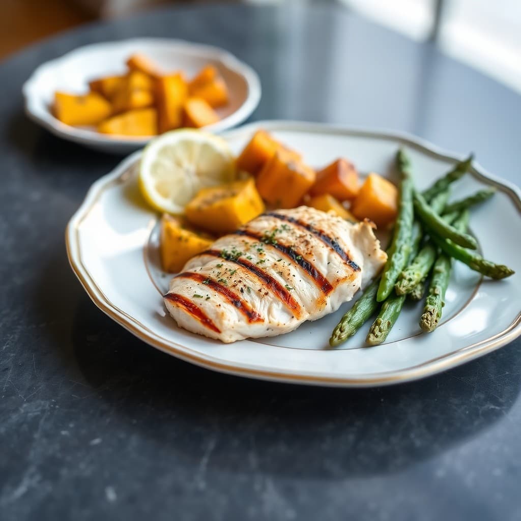 Grilled Lemon-Herb Chicken with Roasted Butternut Squash and Asparagus