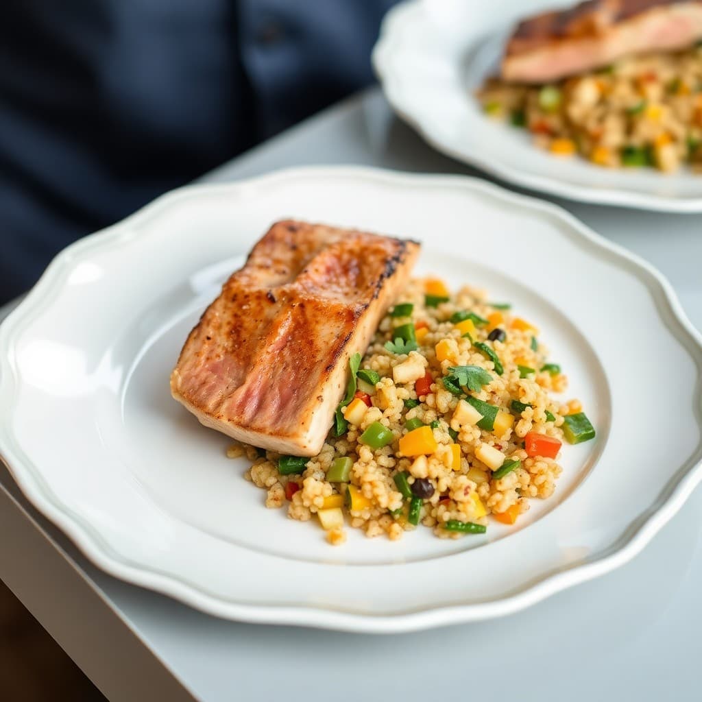 Seared Ginger-Garlic Tuna with Roasted Vegetable Quinoa