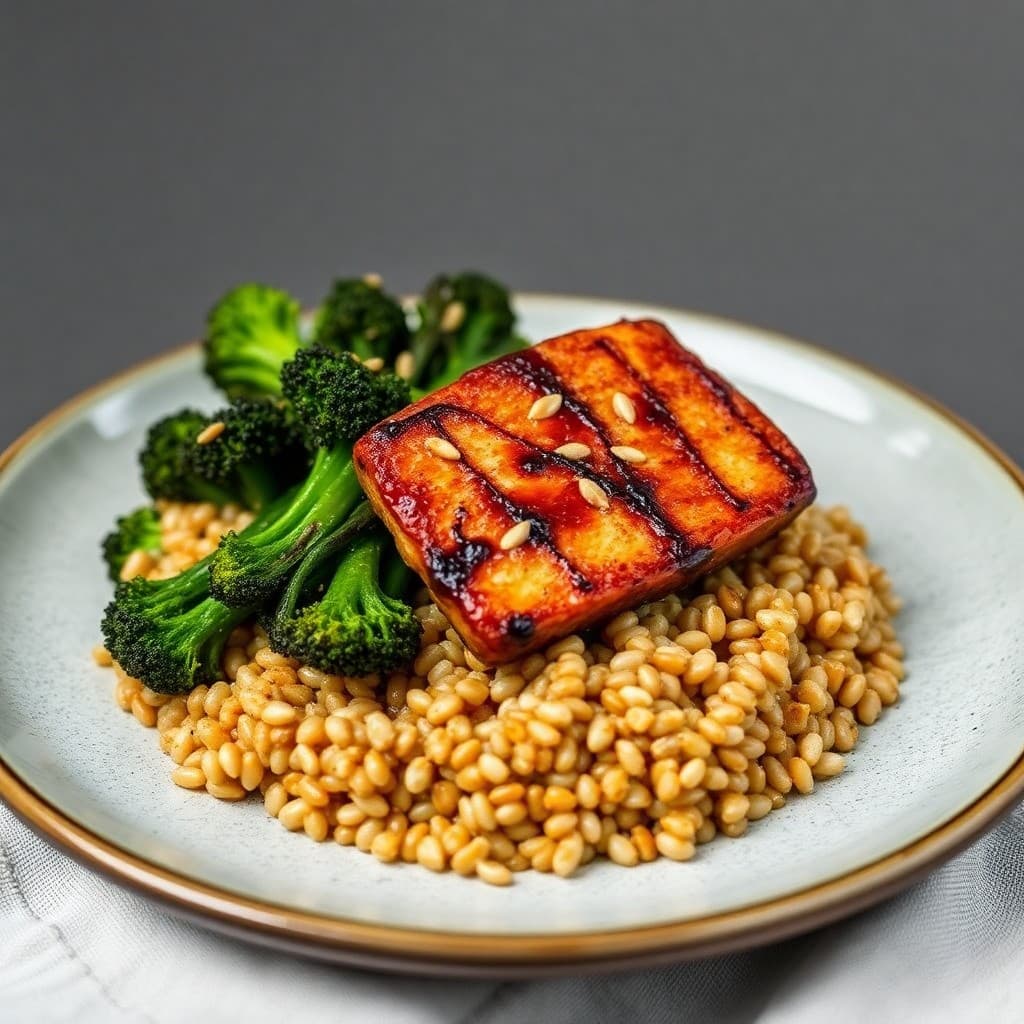 Crispy Miso-Glazed Tempeh with Farro & Charred Broccolini