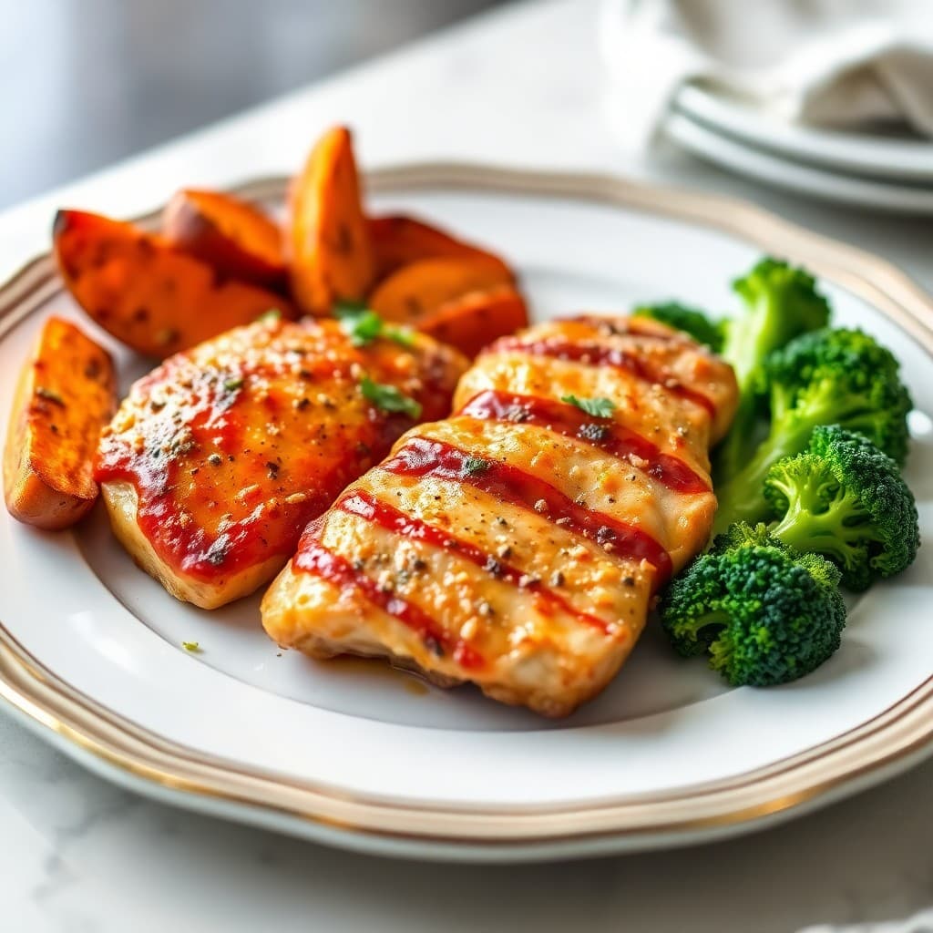 Seared Chili-Lime Chicken with Roasted Sweet Potato Wedges and Steamed Broccoli
