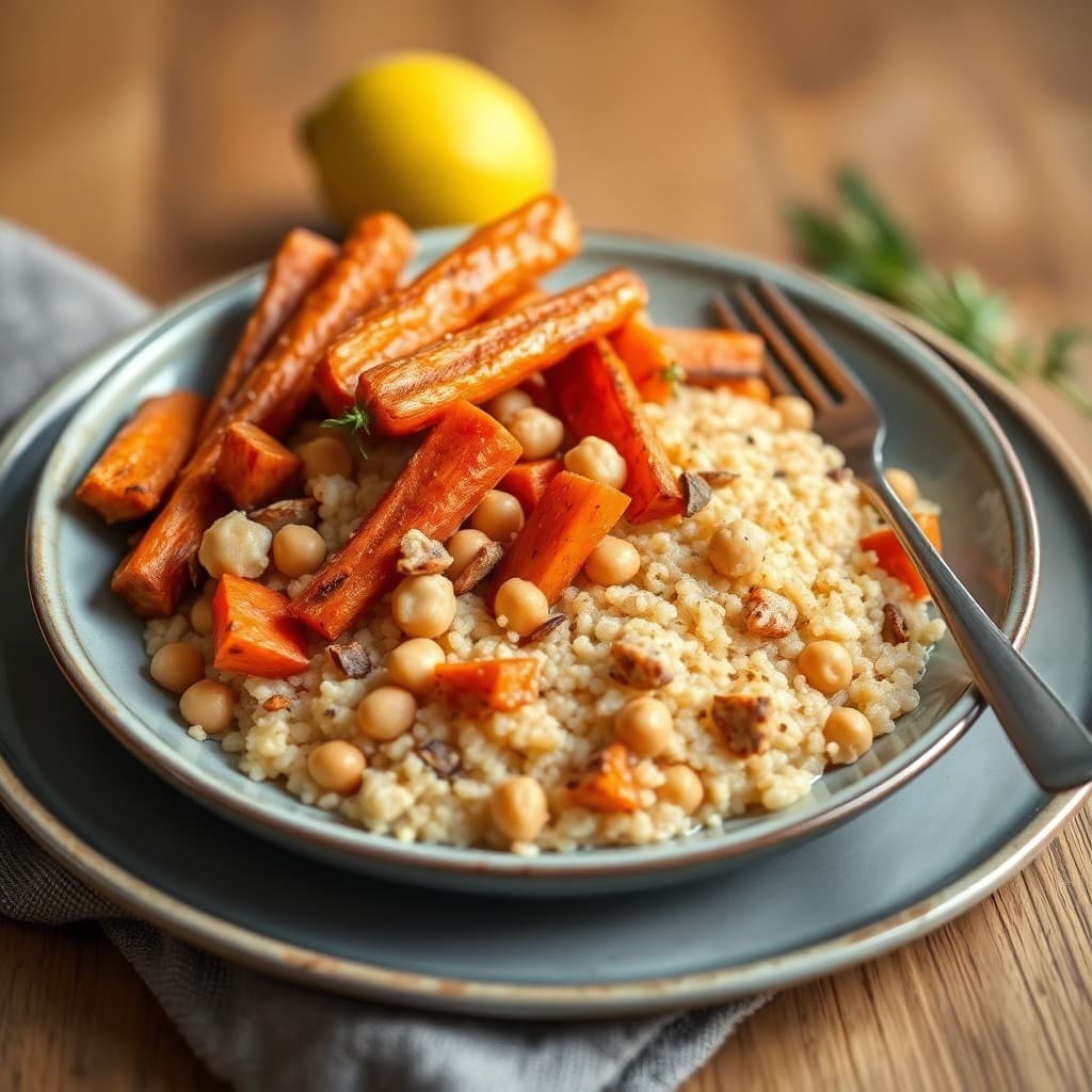 Moroccan-Spiced Chickpea & Quinoa Breakfast Porridge with Roasted Root Vegetables