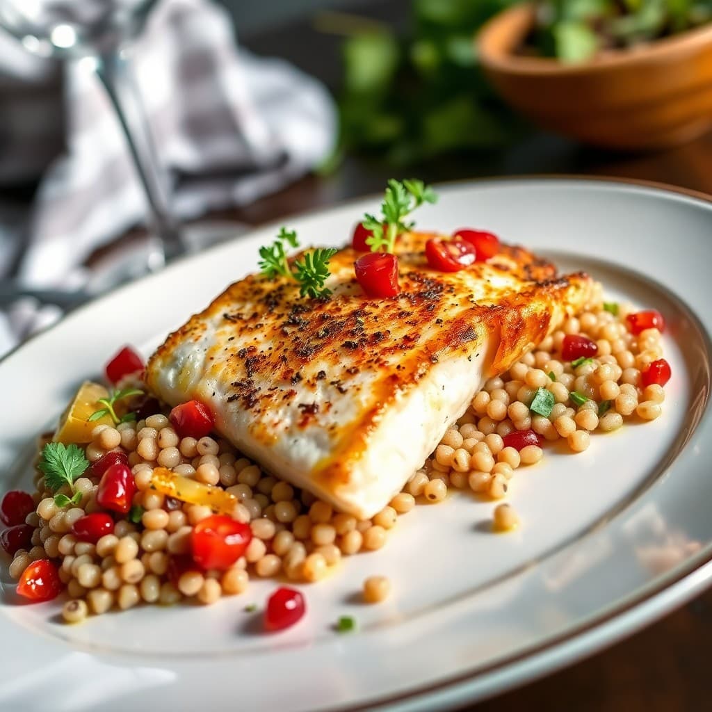 Maltese Pan-Seared Halibut with Roasted Fennel & Farro Salad