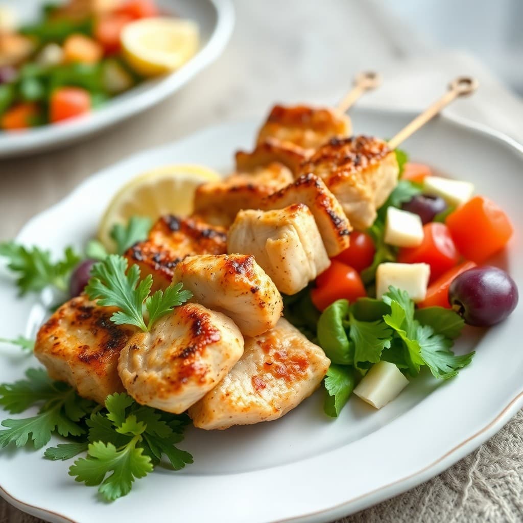 Lemon Garlic Chicken Skewers with Mediterranean Salad