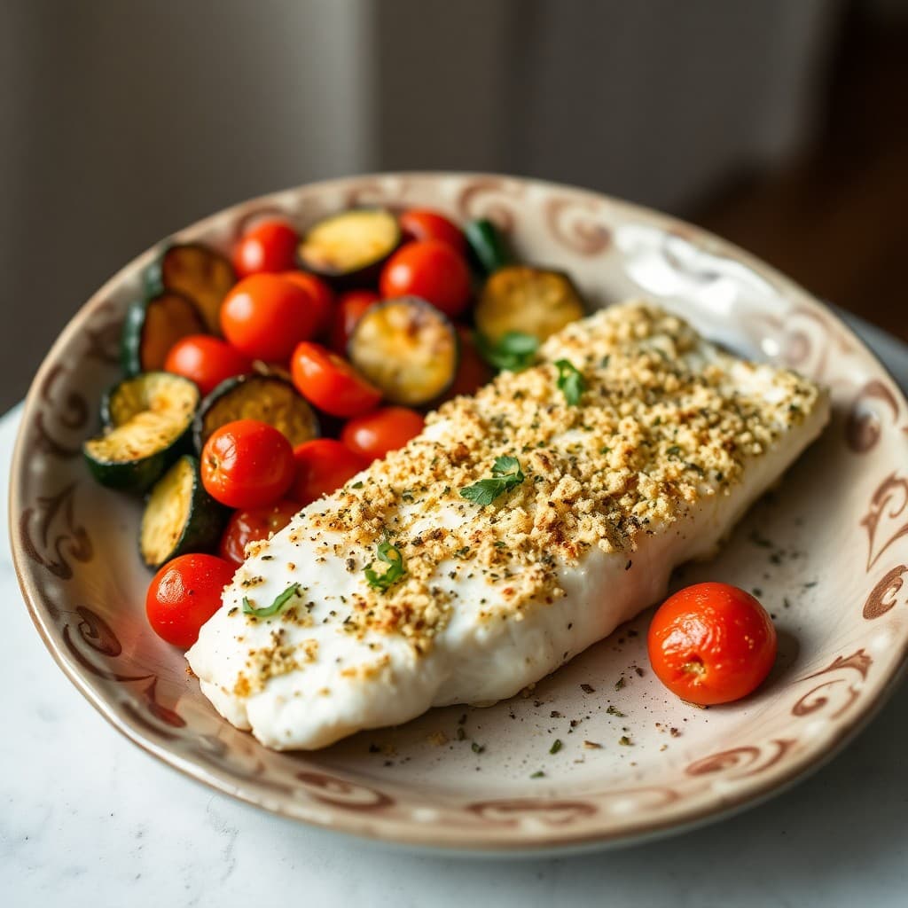 Lemon Herb Crusted Halibut with Roasted Mediterranean Vegetables