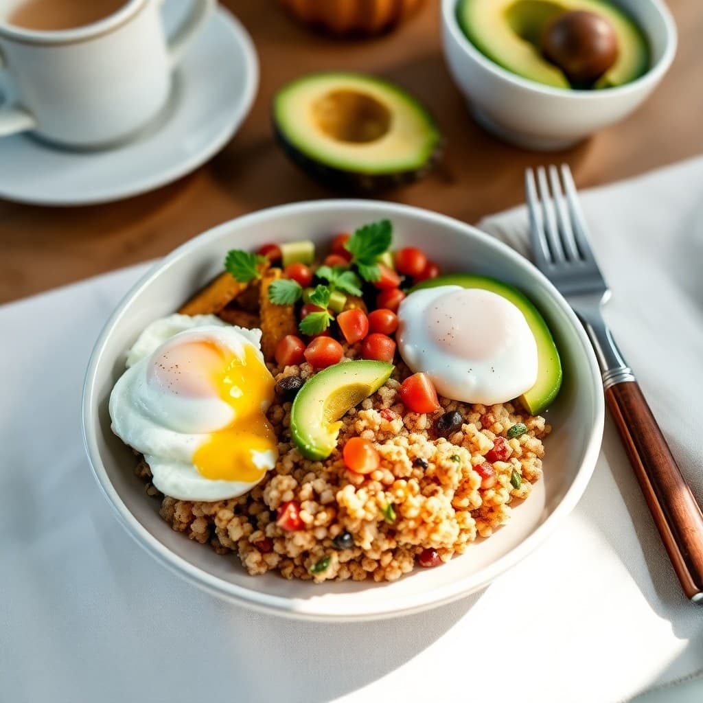 Savory Breakfast Quinoa Bowl with Poached Eggs and Avocado