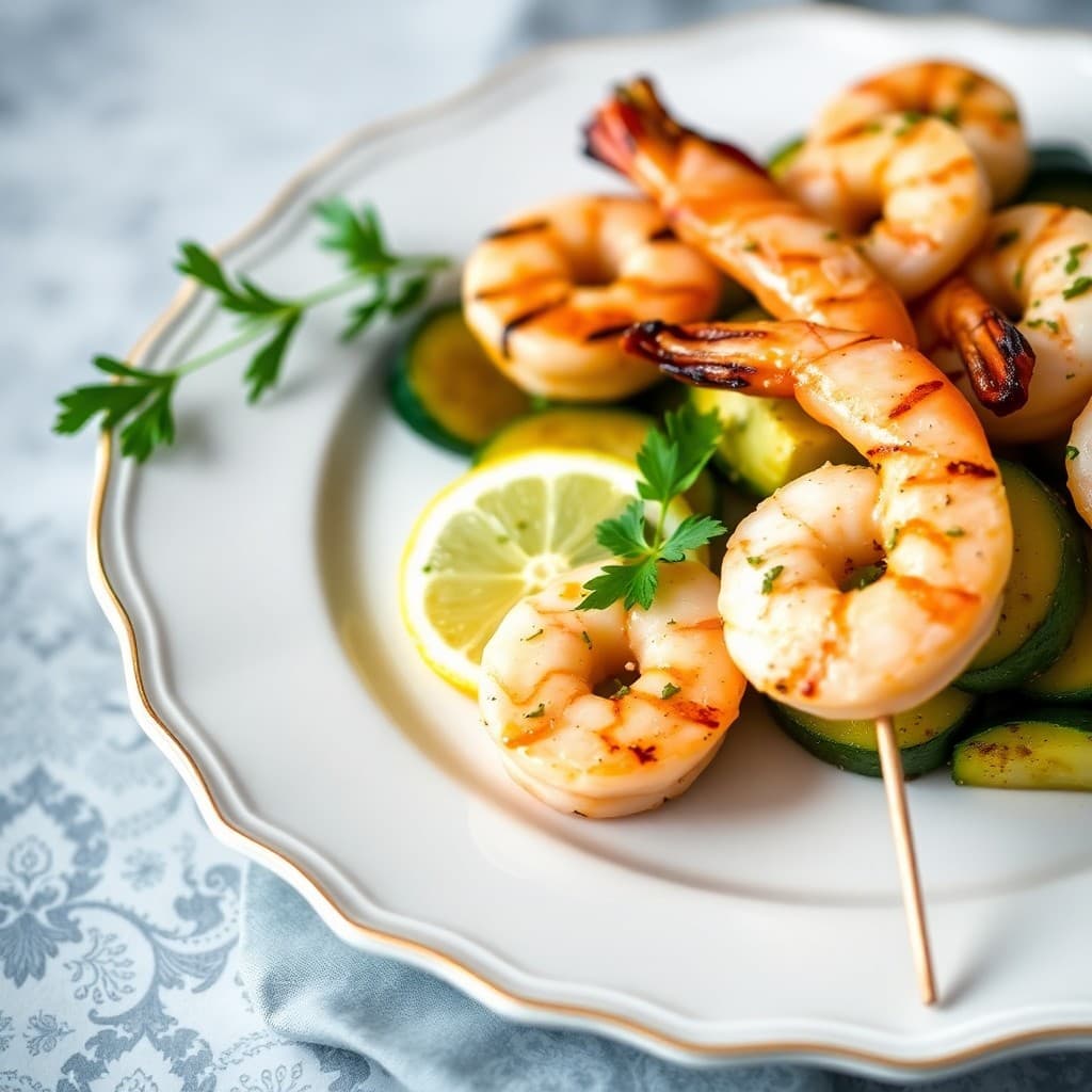 Grilled Lemon-Garlic Shrimp Skewers with Herb Roasted Zucchini
